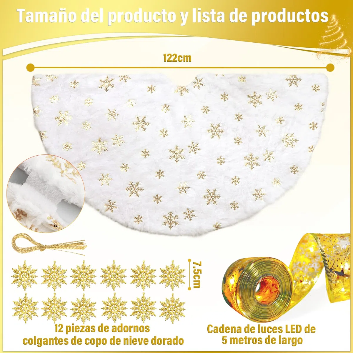 Falda de Árbol de Navidad 122cm, Tapete y Cubre Pie de Felpa Con Copo de Nieve para Decoración Navideña