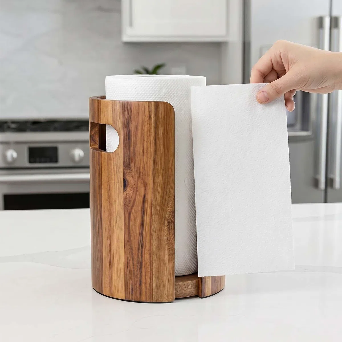 Portarrollos de Papel de Cocina de Madera para Encimera, Soporte para Rollo de Cocina con Salpicadero, Asas y Base Antideslizante Lastrada, Esencial de Decoración para Cocina, Baño, Apartamento