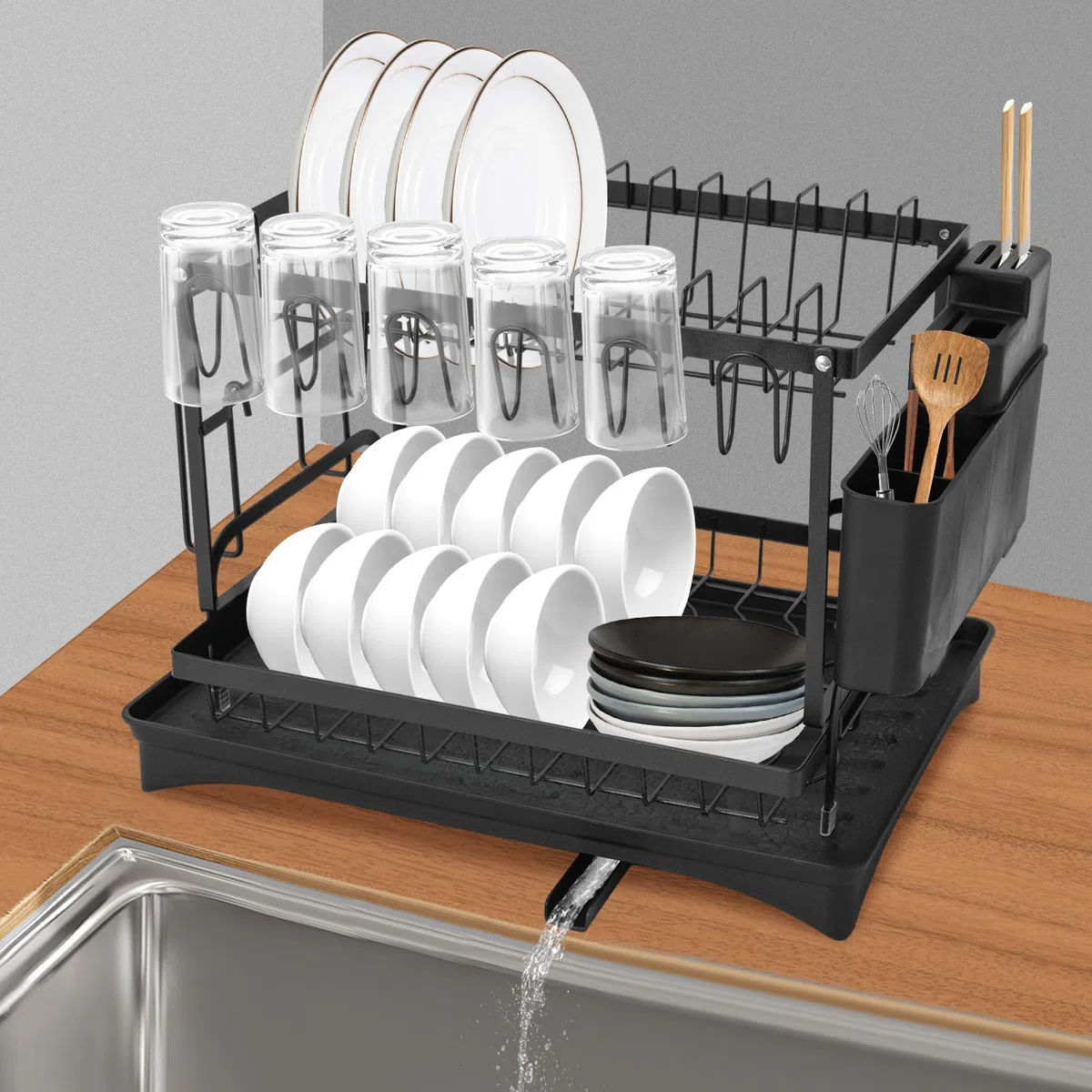 Escurreplatos de acero inoxidable, escurridor de platos, bandeja de goteo de 2 niveles, escurridor de platos para platos, tazas, tabla de cortar (negro)