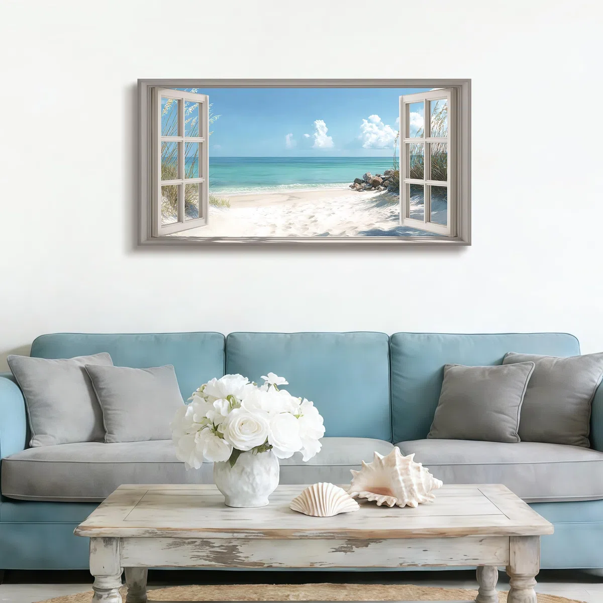 Playa Vista 3D Ventana Efecto Marco de Madera Cuadros Decoracion Salon Modernos Azul Costa Paisaje Pintura Lienzos Decor Natural Paisaje Cuadros Salón Pasillos Dormitorio Comedor Oficina 100x50cm