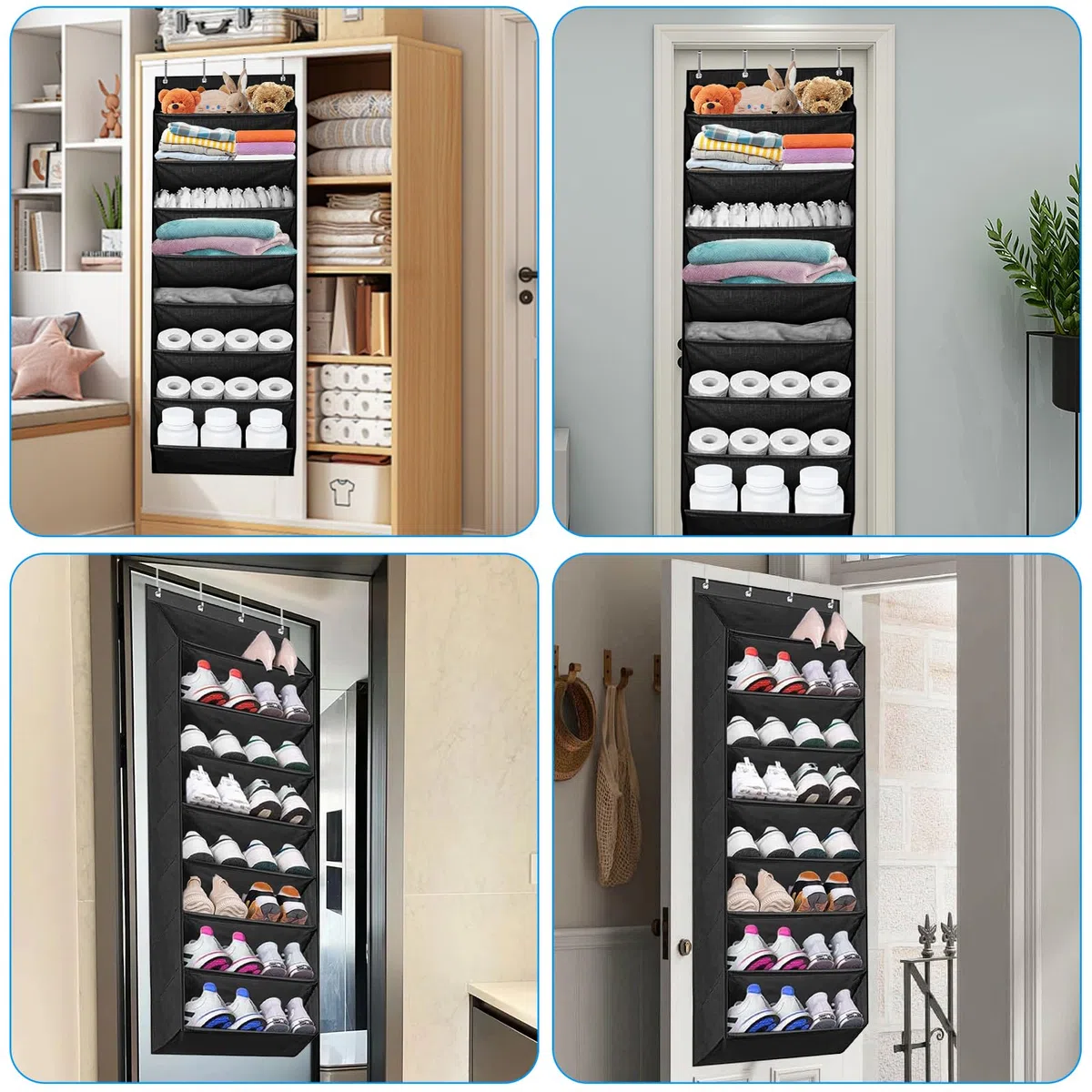 Zapatero Puerta,Zapatero Colgante,Organizador Zapatos Puerta,8 Capas Zapateros Detrás de la Puertas,Puede Colgar en la Puertas o en el Armario,Diseñado para Cualquier Sapateira Almacenamiento (Negro)