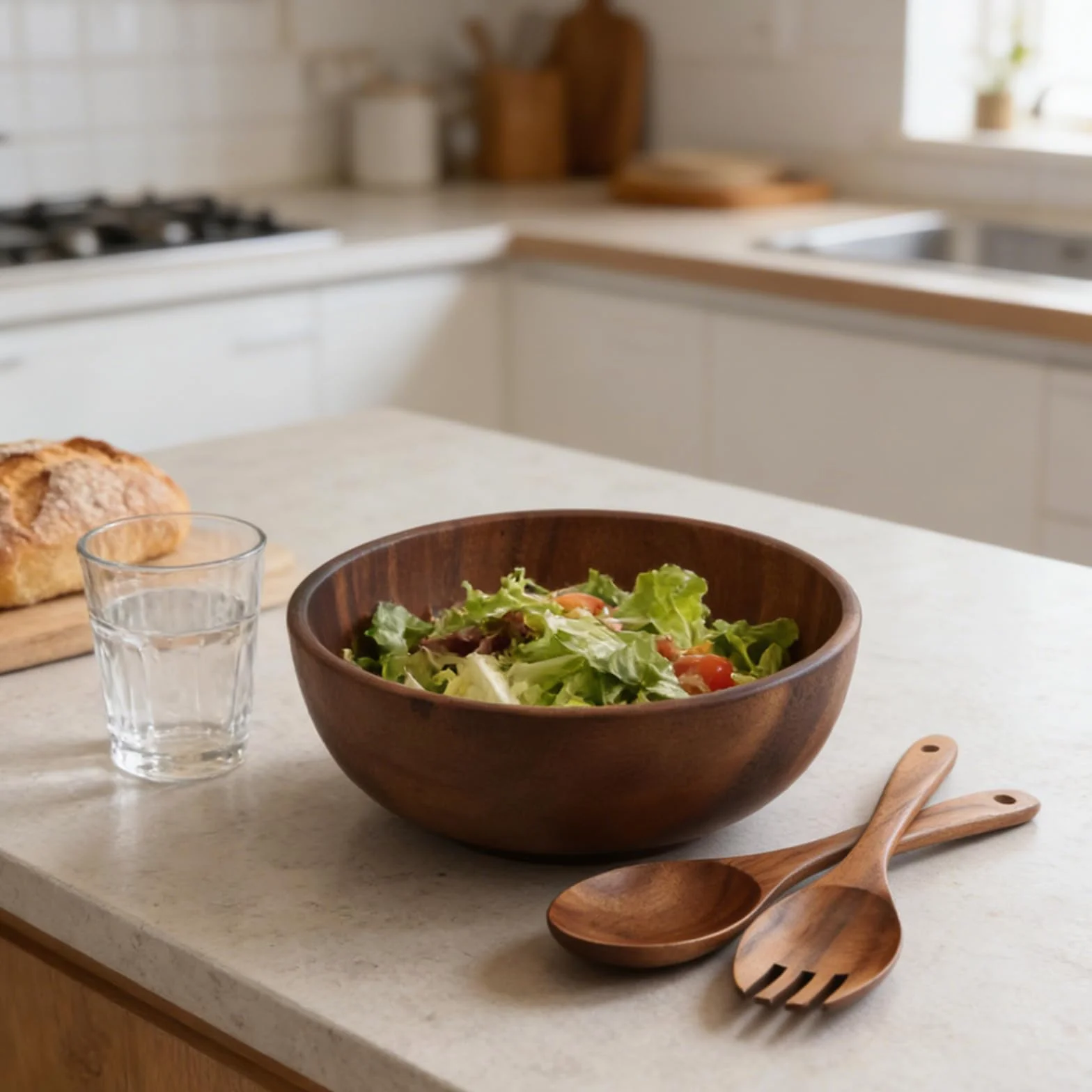 Juego de Ensaladera de Madera de Acacia de 2,5 L con Cucharas y Tenedor para Ensaladas, Diseño Rústico y Capacidad Generosa para Uso Diario y Ocasiones Obsequios