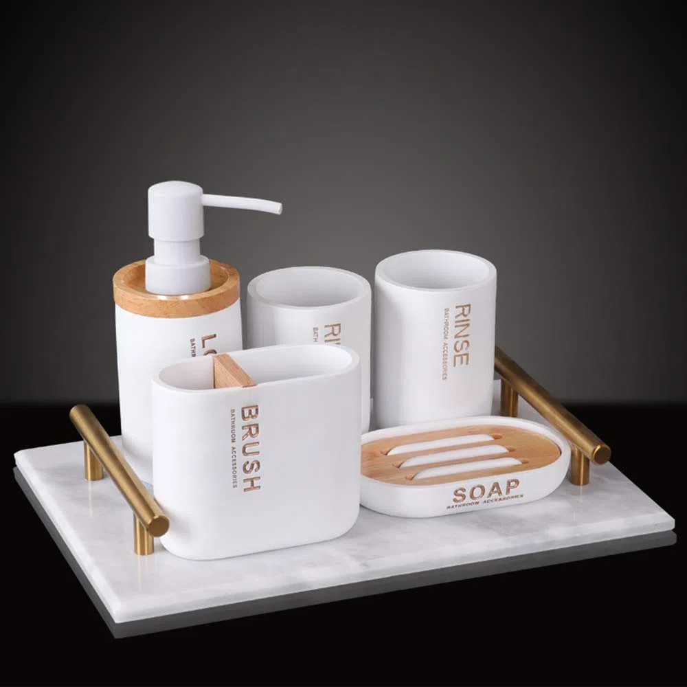 Nórdico Estilo Juego de Accesorios de Baño de Resina Conjunto de Baño con Porta Cepillo de Dientes, 2 Tazas, Dispensador de Jabón Líquido, Jabonera, Blanca,with Handle Tray