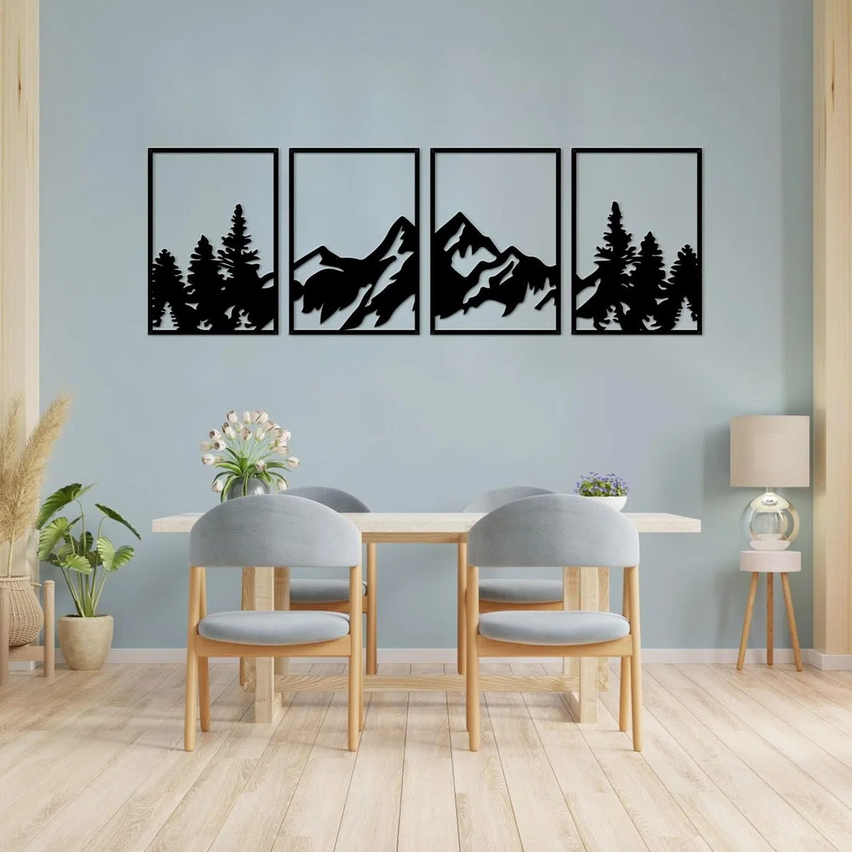 ESTART Arte de pared de montaña grande, 4 piezas de decoración de pared de metal, adecuado para sala de estar, dormitorio, oficina (bosque de montaña)