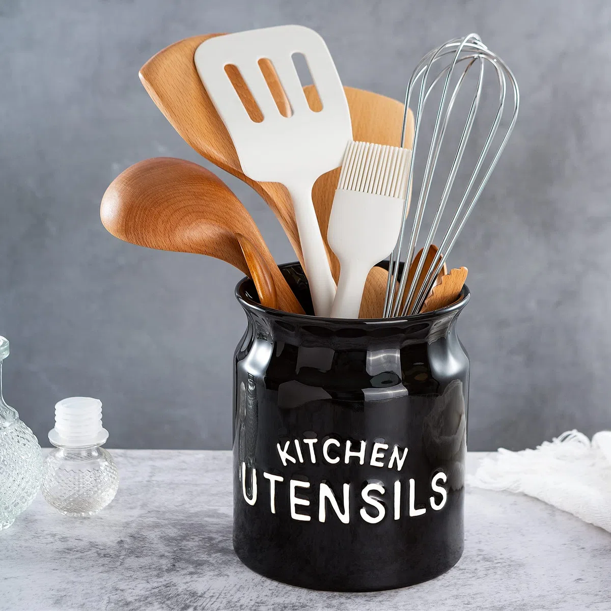 Kitchen Utensilhalter, großer Bauernhaus Utensilhalter für Arbeitsplatten, dekorative Keramikkoch -Utensilien, Schockhalter für Küchentheke, 14 x 16 cm, Schwarz