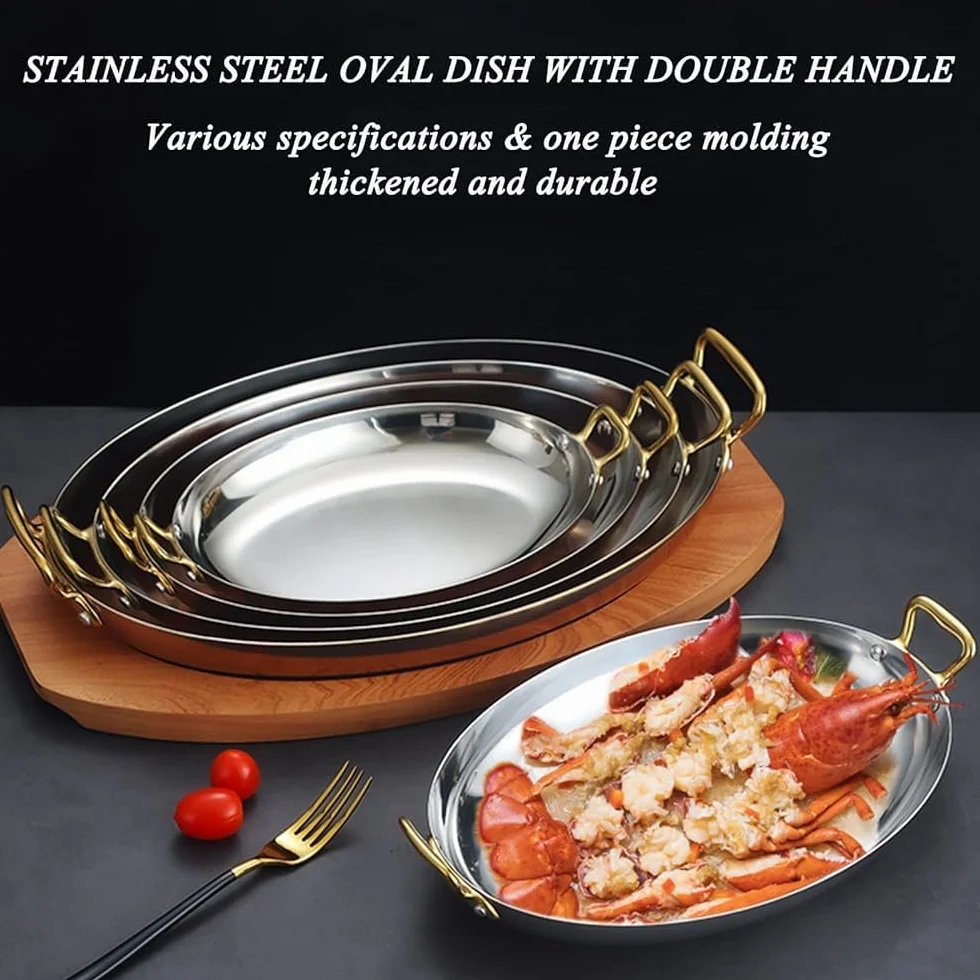 Plato ovalado de acero inoxidable con asas dobles para mariscos, carnes, postres, elegante bandeja para aperitivos, esencial para la cocina, acabado plateado, 25 cm