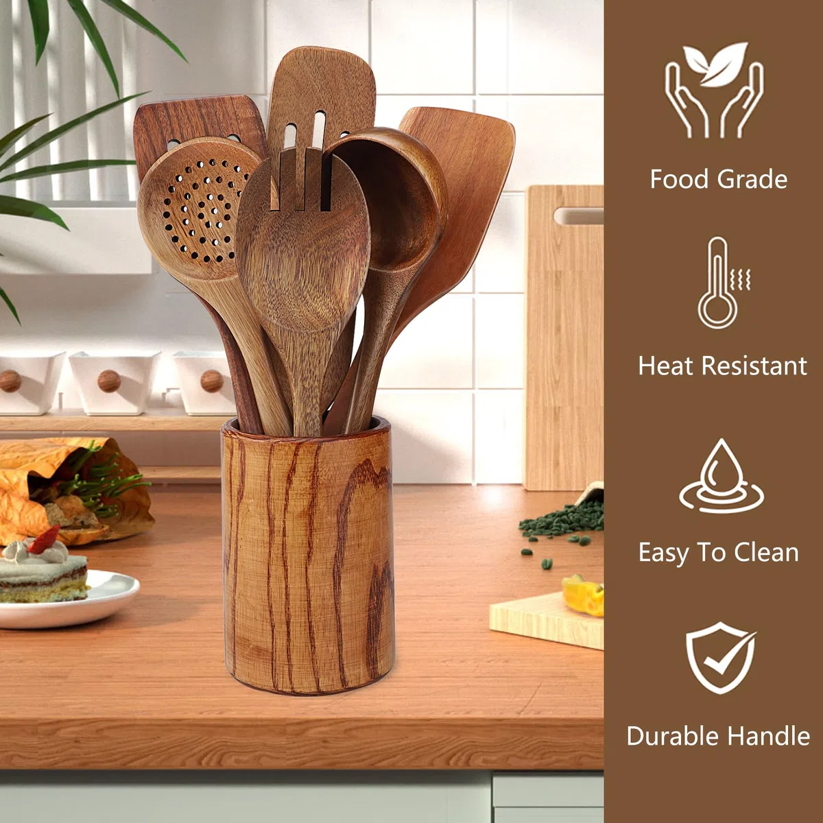 Utensilios de Cocina Madera de 7 Piezas,Madera de Teca,incluye un juego de Utensilios Cocina Madera,espátula de Madera,cuchara de Madera,Cucharón y Colador,adecuado para Sartenes antiadherentes