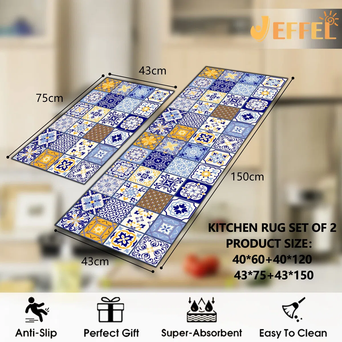 Juego de 2 tapetes de Cocina Antideslizantes y Lavables, tapetes de Cocina antifatiga para decoración del hogar, Oficina, Escritorio de pie (F, 43 x 75 + 43 x 150 cm)