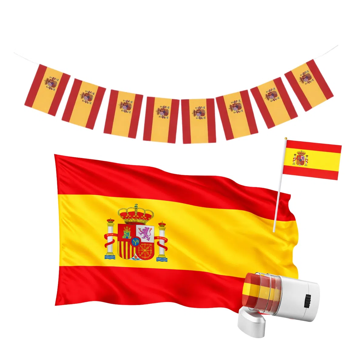 Bandera España 140x90 cm, Guirnalda 4 m, Bandera de Mano y Pintacaras, Accesorios Afición Pack España Completo