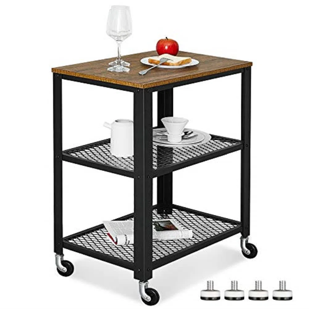 Meerveil Carrito de Servicio,Carrito de 3 Pisos Carrito,Tipo Industrial Estantería Metálica con Ruedas,Organizador de Almacenamiento,Fácil de Montar,para Cocina,Sala de Estar, Oficina y Baño