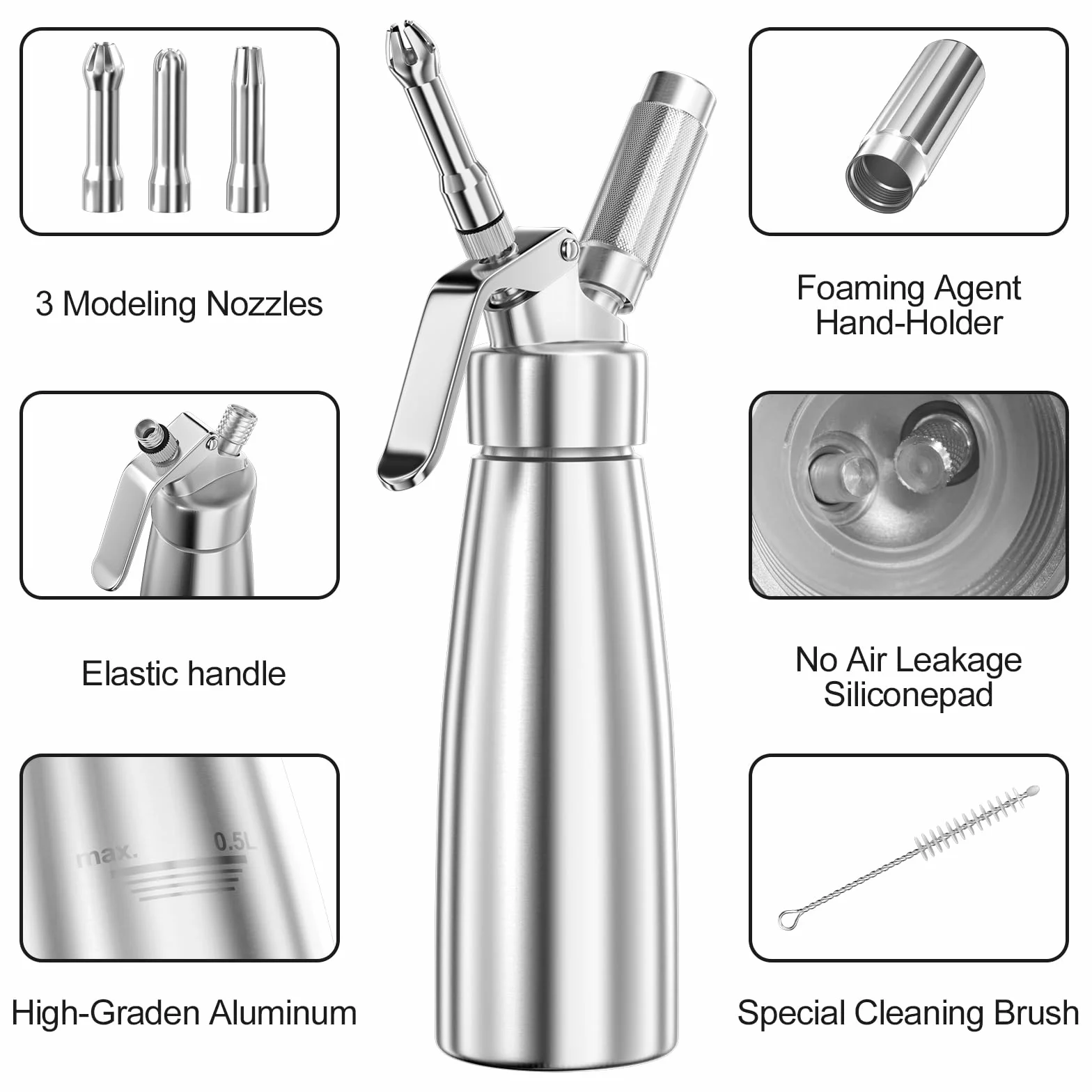 Fousenuk 500 ml Sifón de Cocina Espumas, Dispensador de Crema Aluminio con 3 Boquillas Acero Inoxidable y 1 Cepillo, Sifon de Nata para Decorar Pasteles de Cumpleaños, Pastelería, Helados y Postres