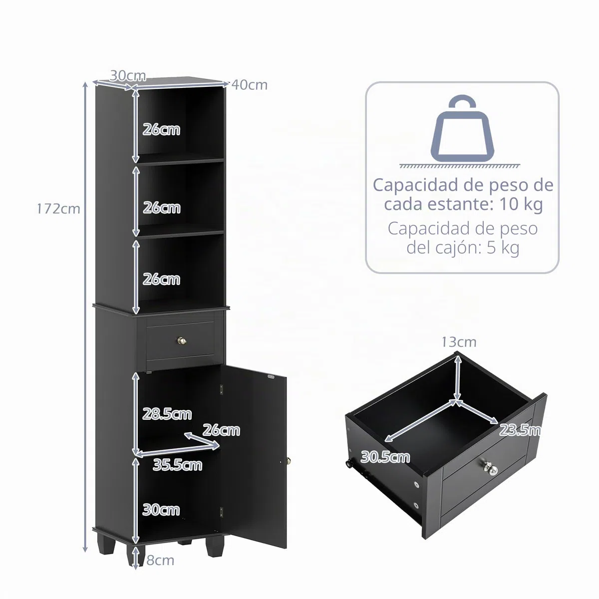 LIFEZEAL Mueble de Baño para Ahorrar Espacio, Columna Alta y Estrecha con 1 Cajón, 3 Estantes Abiertos, 1 Puerta y Patas de Madera Maciza, Armario Aparador para Cocina, Baño y Salón (Negro)
