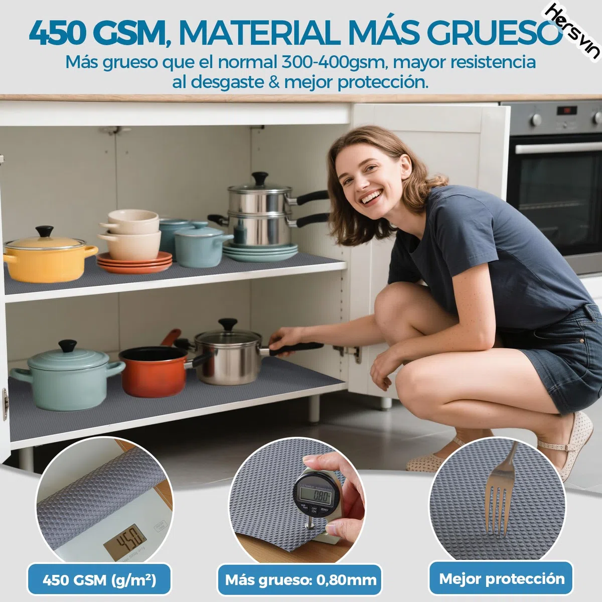 Hersvin 45cmx500cm Plastico Protector para Cocina Cajones, Alfombras Non Adhesivo para Nevera Mueble Fregadero Estante Organizador Cubiertos EVA Cubre Encimera(Gris Oscuro/Punto)