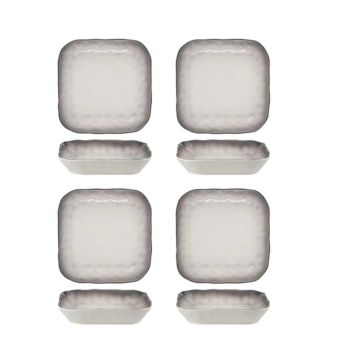 Juego de cuencos y platos de cerámica simple y personalizado, juego de platos y cuencos para restaurante en casa, plato cuadrado exprimido a mano de 8 pulgadas, cambio gradual gris, 4 paquetes