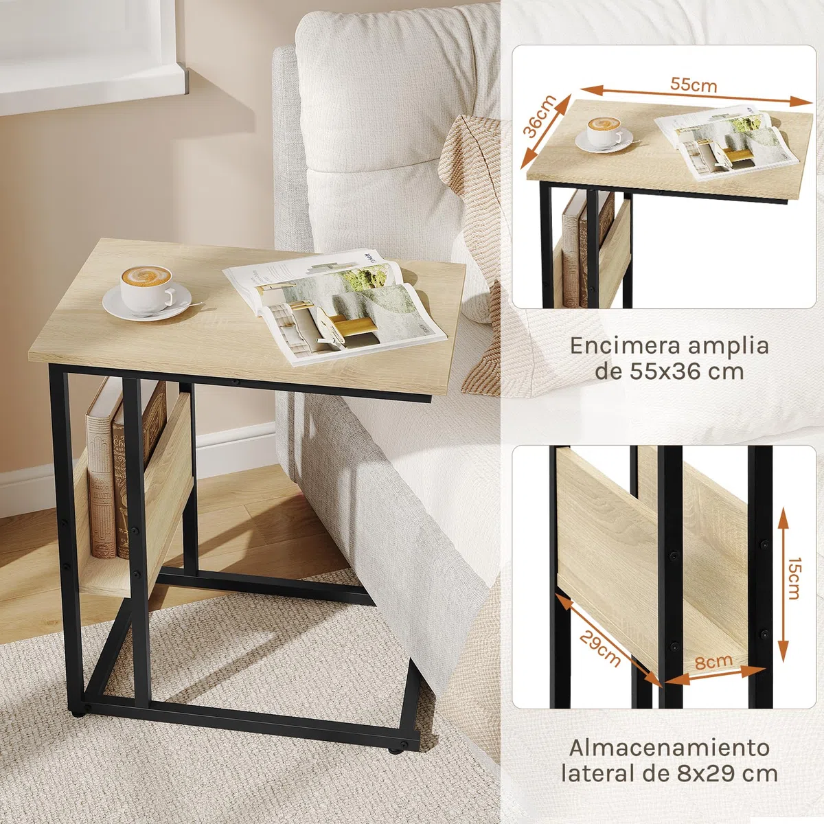 WOLTU Mesa Auxiliar de Centro Mesita de Noche Portátil, Marco de Metal y Madera, Roble 55x36x59,5cm(BxTxH) TS79hei