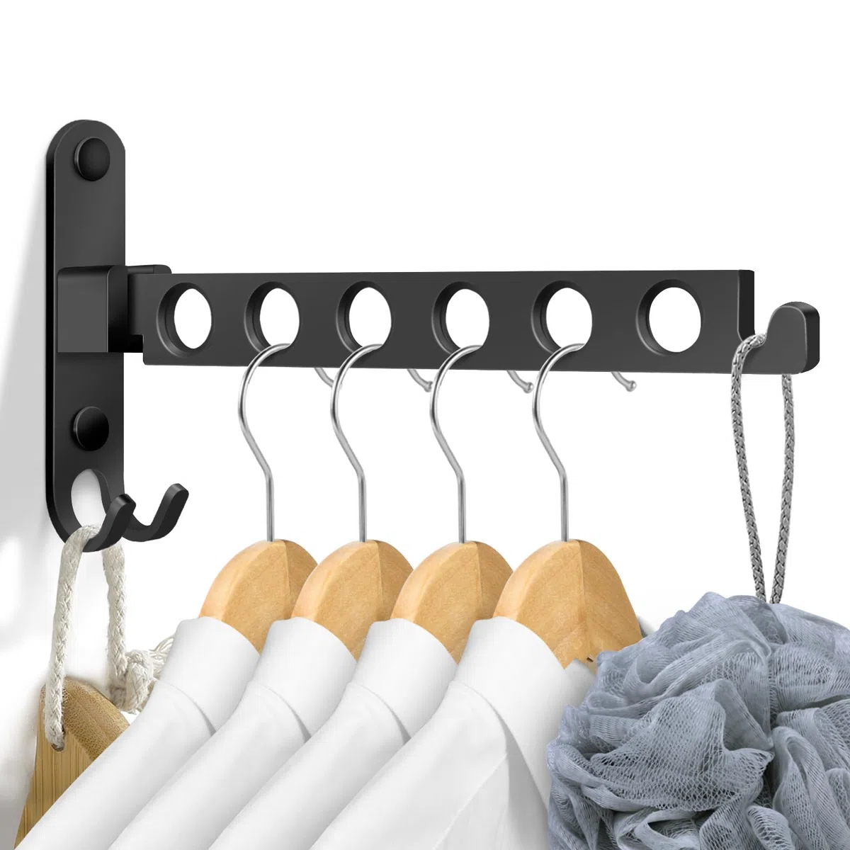 Perchero de Pared Plegable, Colgador de Ropa Montado Pared con Gancho, Perchas Pared Plegable Aluminio para Balcon Dormitorio Salón Baño (Negro)