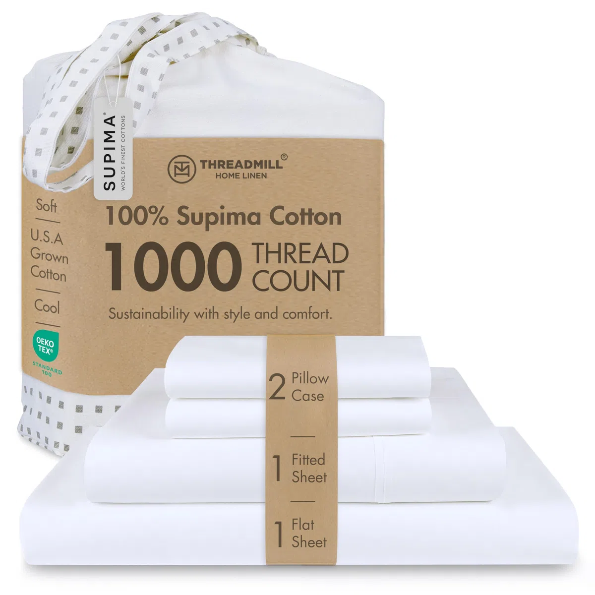 Threadmill Home Linen Juego de sábanas de 1000 Hilos 100% algodón Supima ELS, tamaño California King, Ropa de Cama de Lujo, Juego de sábanas de 4 Piezas, Color Blanco, Tejido de satén Suave.