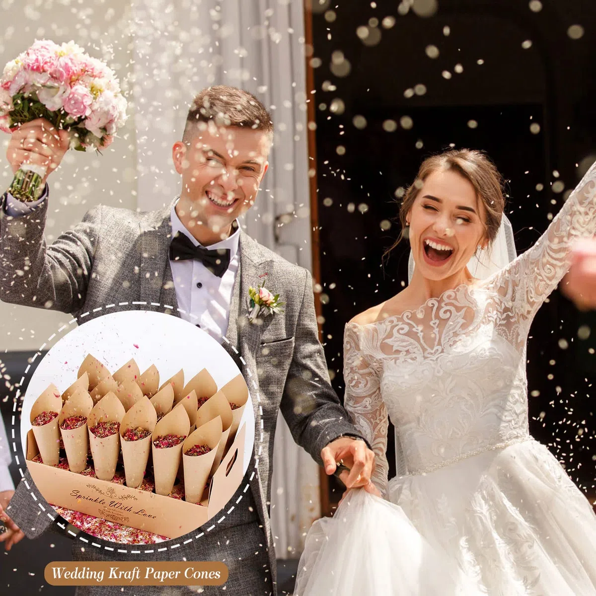 60 Piezas Cucuruchos de Papel Kraft para Bodas, Conos para el Arroz con 2 Caja Soporte para Decoración Fiesta Ceremonia y Contenedor de Pétalos y Confeti