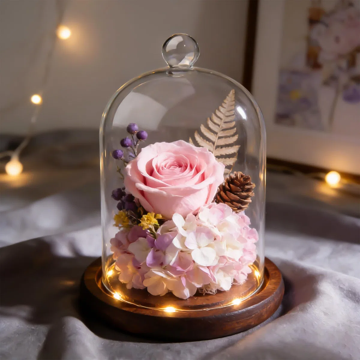 Campana de cristal decorativa con asa, cúpula de cristal transparente de 12 * 18 cm, base de madera amarilla, para guirnaldas luminosas, decoración de mesa y antigüedades, plantas