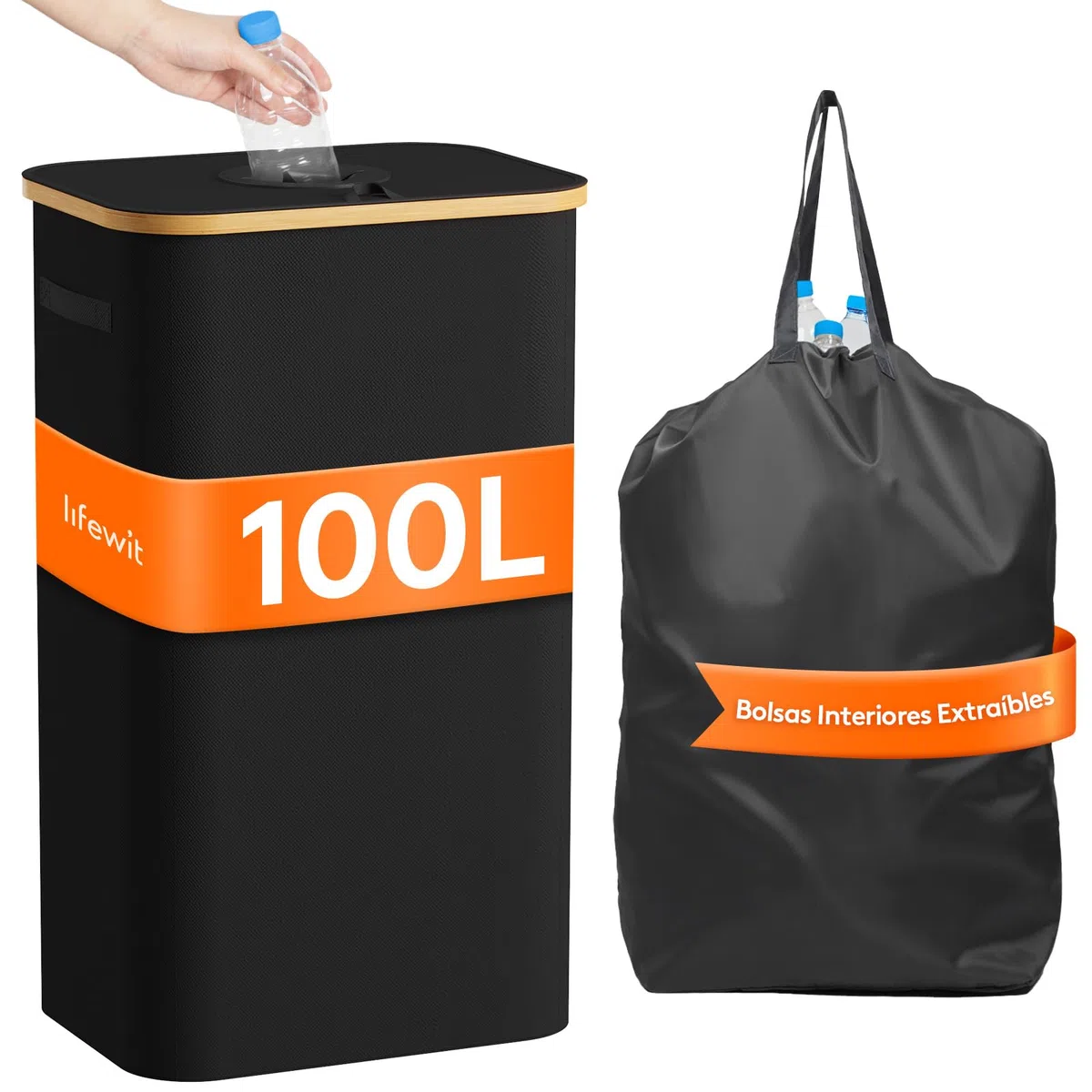 Lifewit Cubo de Reciclaje 100 L Portátil, Contenedor para Botellas de Vidrio y Plástico, Gran Papelera de Bambú para Reciclaje Selectivo, Negro