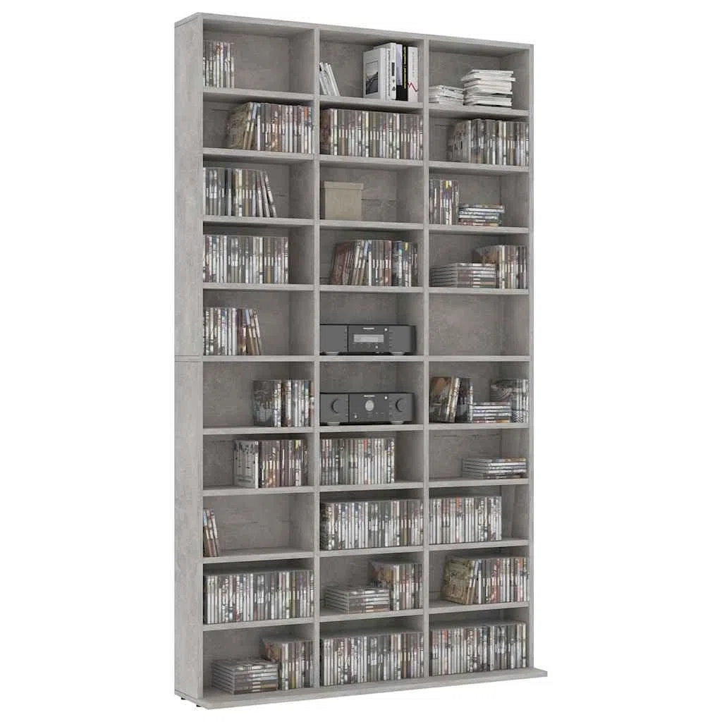 Armario para CD de color gris hormigón, 102 x 16 x 177,5 cm, material de madera con 30 compartimentos abiertos para música, accesorios y espacio de almacenamiento, se puede montar en la pared