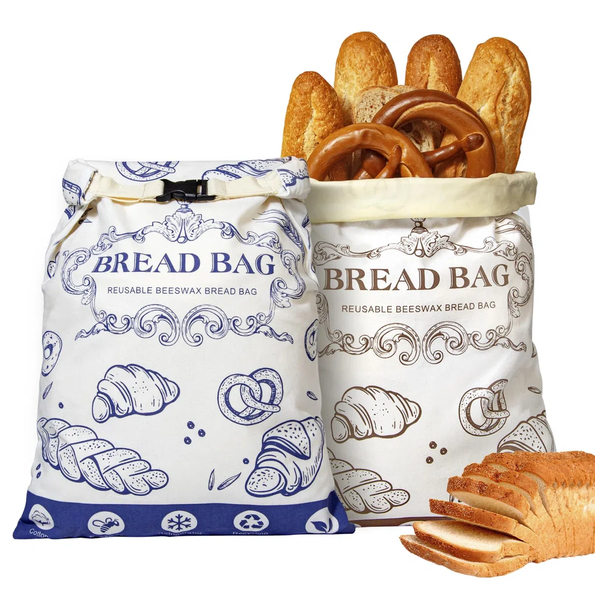 Bolsas reutilizables de cera de abeja con hebilla para pan - Almacenamiento de algodón de gran capacidad para pan casero, Masa madre y productos de panadería frescos (2 piezas)