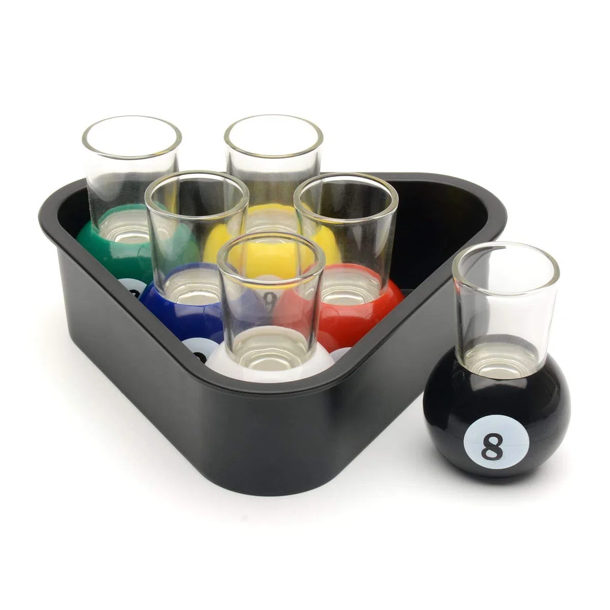 CKB LTD Juego de 6 vasos de chupito para pelotas de billar con bandeja triangular para servir, mesa de billar, sala de juegos, hogar, bar