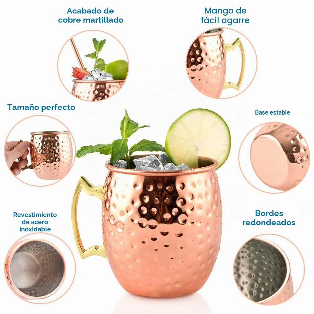 Yoassi 4 SETS 530ml Moscow Mule Tazas de Cobre Moscú Copas de Cóctel Martillado Hecho a Mano, con 4 Posavasos, 4 Pajitas, 1 Cepillo de Limpieza, 1 Taza Medidora, 1 Caja Elegante de Regalo