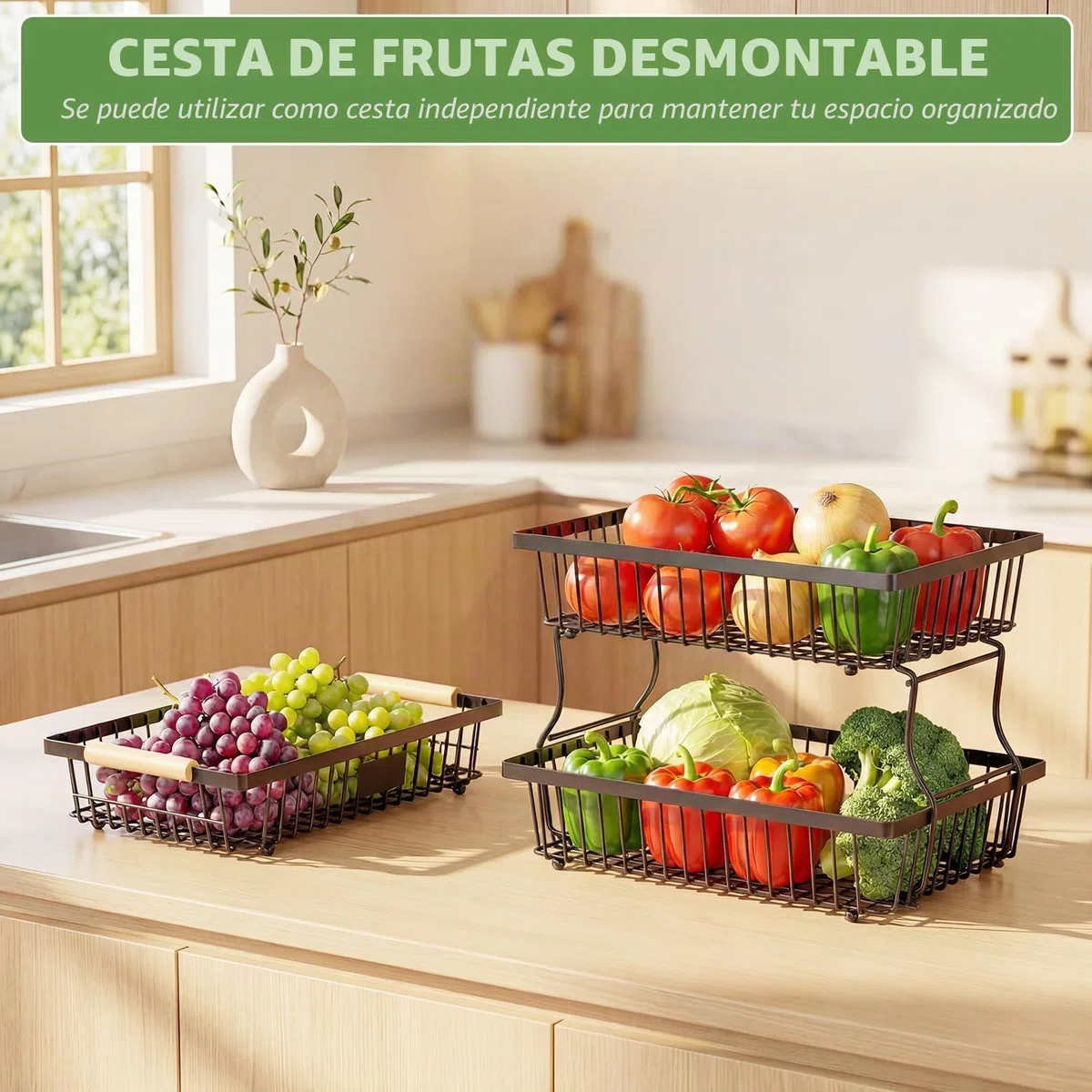 Fruteros De Cocina Frutero 3 Pisos con 2 Soportes para Plátanos, Cesta para Almacenar Frutas, Cebollas, Patatas, Pan, Aperitivos y Verduras (Negro)
