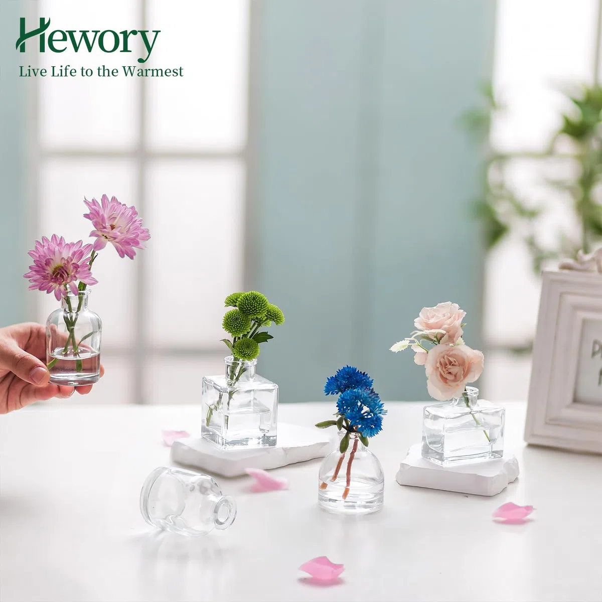 Hewory Jarrón de Cristal Decorativo Transparente - Set de 20 Piezas Mini Floreros para Centro de Mesa y Flores - Botella Pequeña