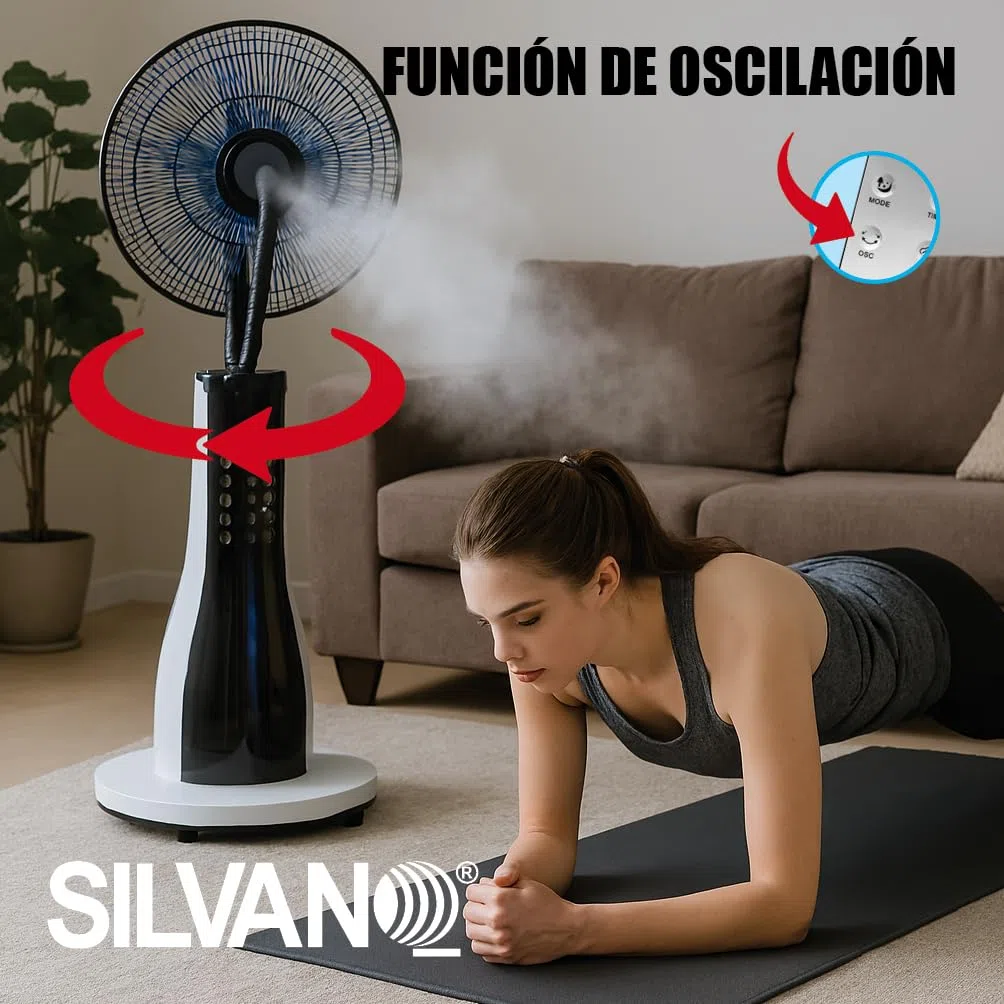 SILVANO Ventilador Nebulizador de Pie 90W con Mando a Distancia | Ventilador con Agua y Pulverizador | 3 Velocidades, Temporizador y Oscilación | Silencioso | Depósito 2,8–3L (MistFlow Pro)