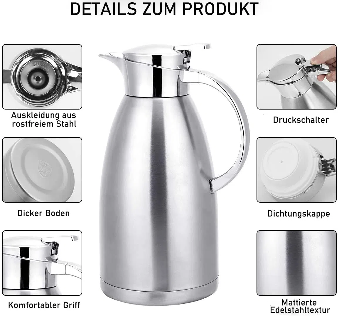 Termo termo, jarra térmica de acero inoxidable de 2,3 L, jarra térmica de acero inoxidable, jarra de agua de doble pared, mantiene el té, la leche y las bebidas calientes o frías