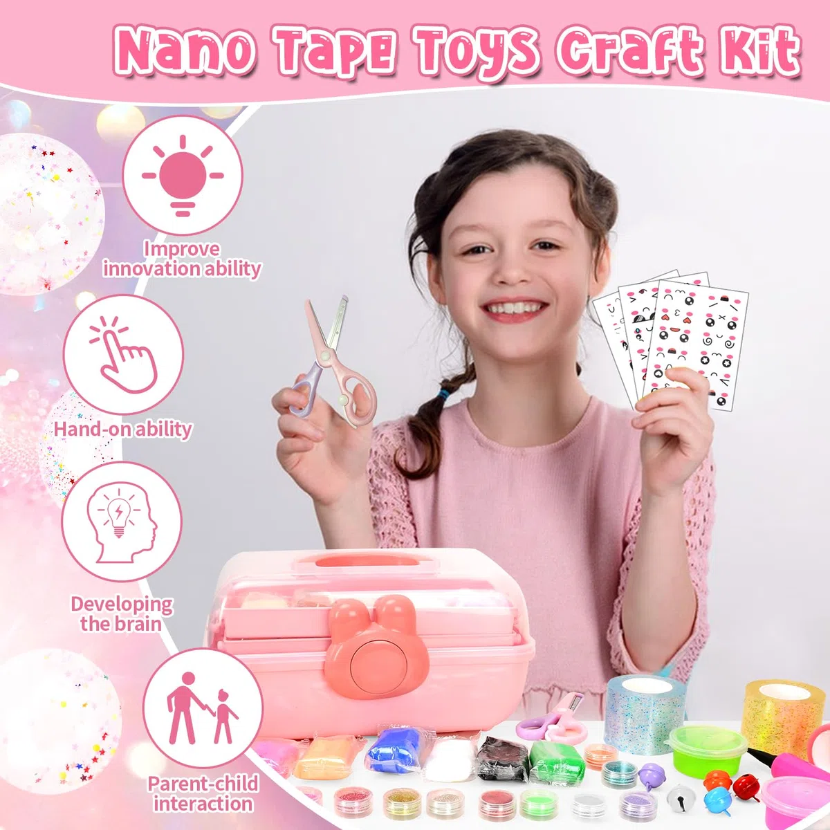 VICTERR Cinta Nano Tape Burbujas, 6 Piezas Nano Tape Bubble Kit de Manualidades Niños con Arcilla, Polvo de Purpurina, Pegatinas, Creativo Juego Niño Niña Regalos Cumpleaños Navidad