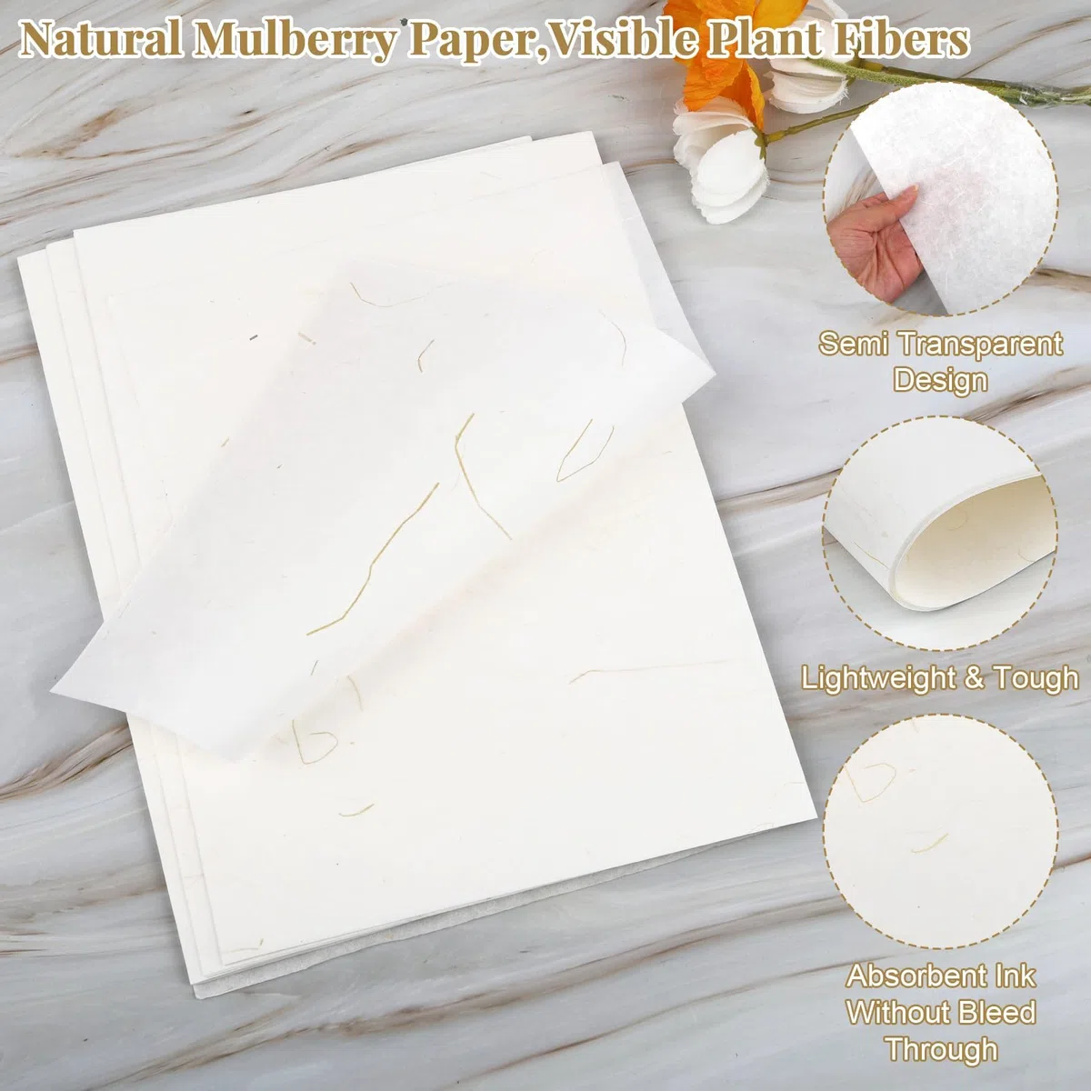 Papel de arroz A4, 50 hojas de fibras vegetales naturales de morera, papel washi imprimible texturizado para manualidades, escritura, pintura, papel de regalo, fabricación de tarjetas (marfil-paja)