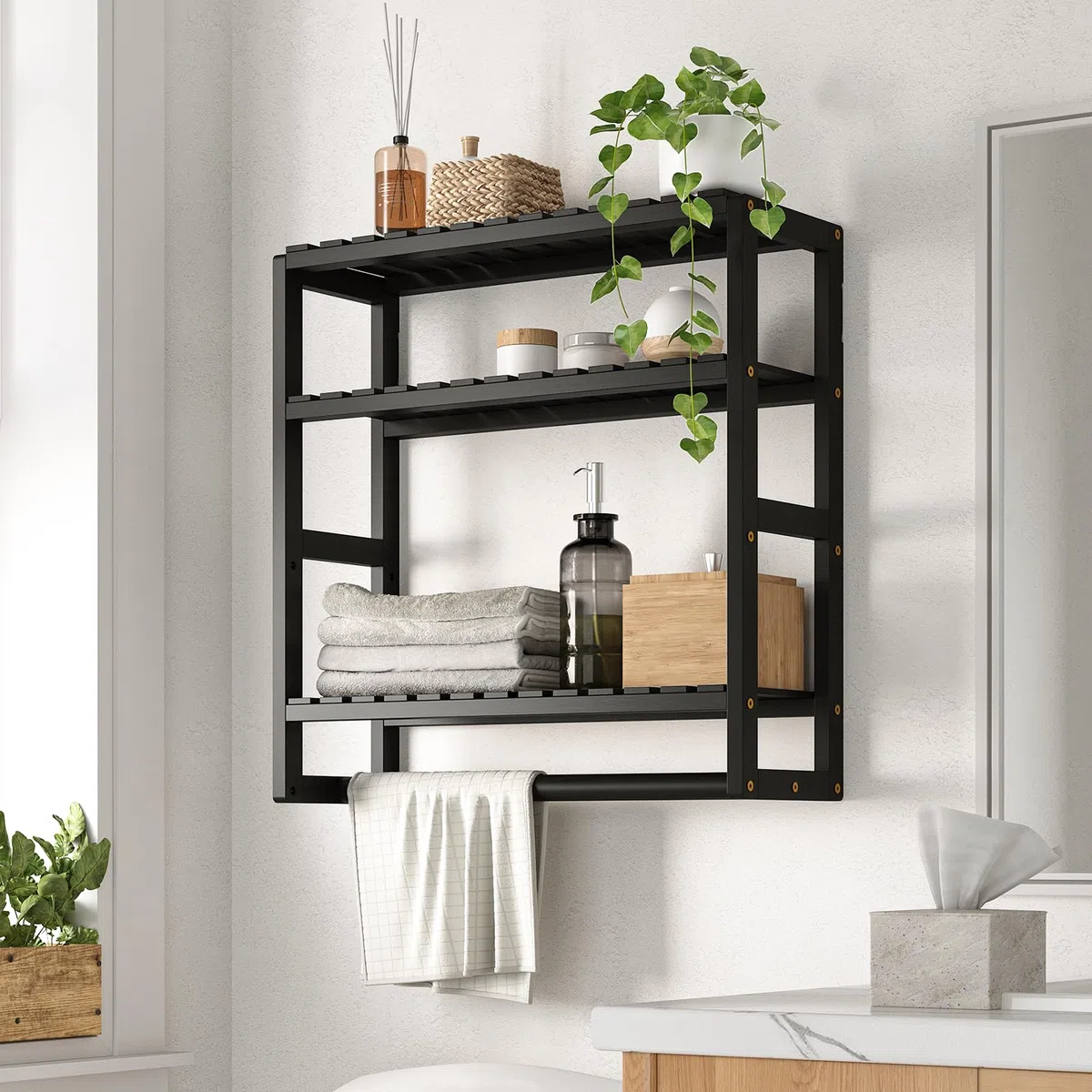 Bamworld Estantes flotantes de almacenamiento de baño de 3 niveles – Bambú multifuncional ajustable sobre estante de inodoro organizador de baño para ahorrar espacio almacenamiento de montaje en pared