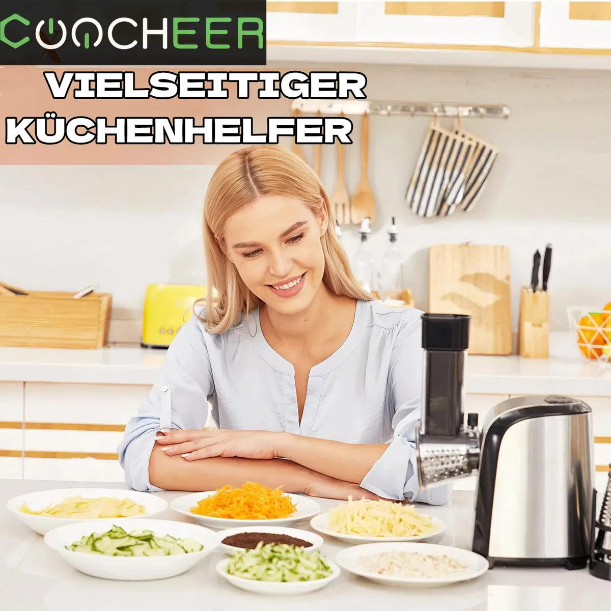 COOCHEER Cortador eléctrico de verduras | Rallador profesional de 150 W 5 en 1 con tambores de corte para verduras, queso, nueces, hogar y preparación de ensaladas, apto para lavavajillas