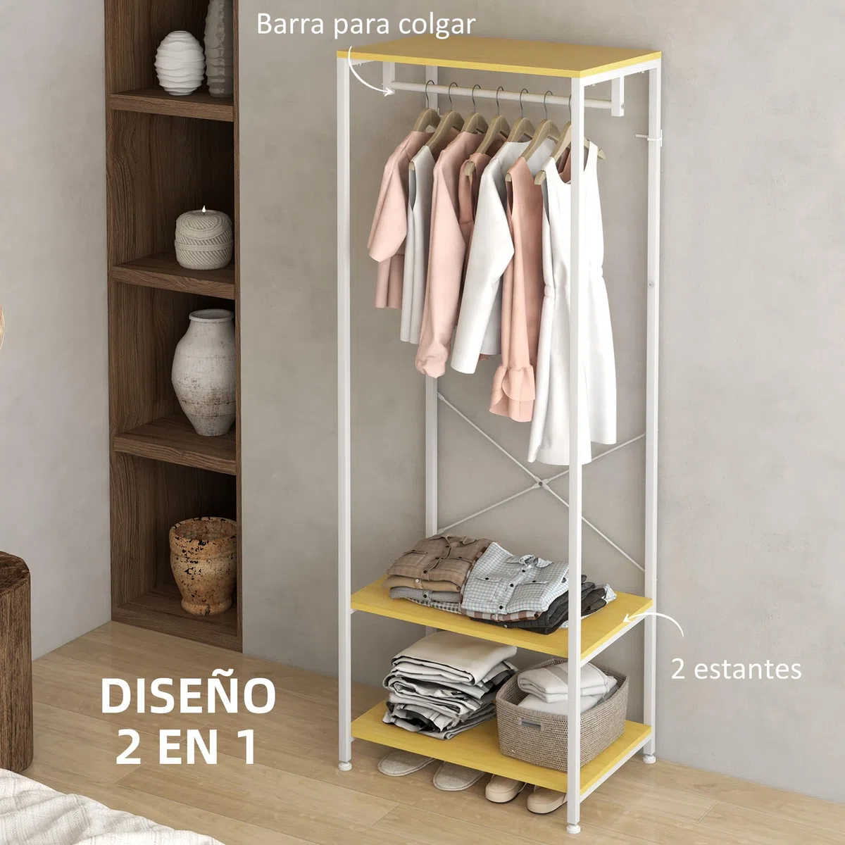 HOMCOM Perchero con Zapatero Perchero Entrada Recibidor con Riel Colgante y 2 Estantes de Almacenamiento para Pasillo Dormitorio 60x40x167,5 cm Natural y Blanco