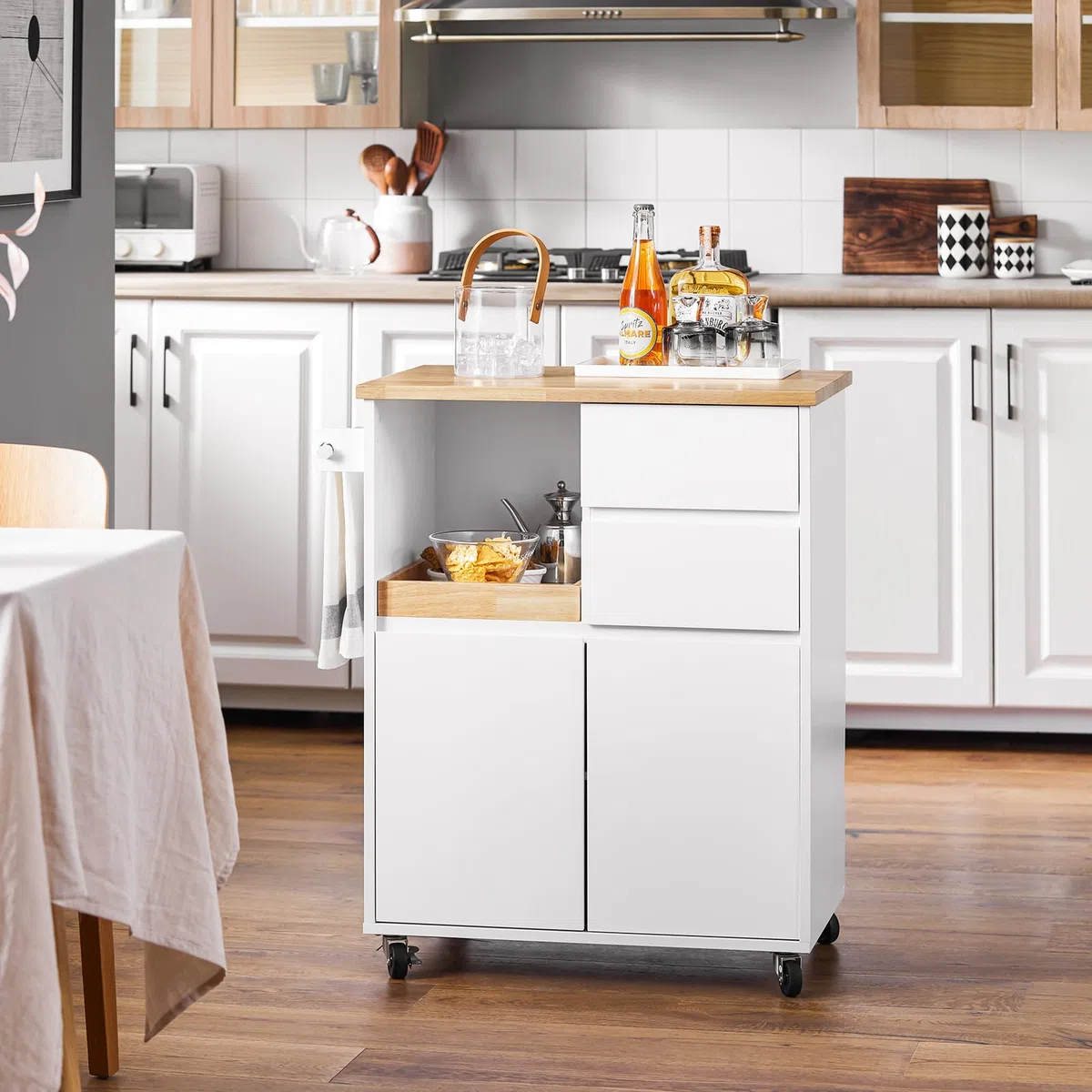 SoBuy Isla de Cocina con Ruedas con Freno y encimera, 72x84x40 cm, Cocina | Carrito Cocina con 2 cajones, 2 puertas, toallero y bandeja, gran almacenaje, carga de 77 kg, MDP/PB, para cocina, FKW123-WN