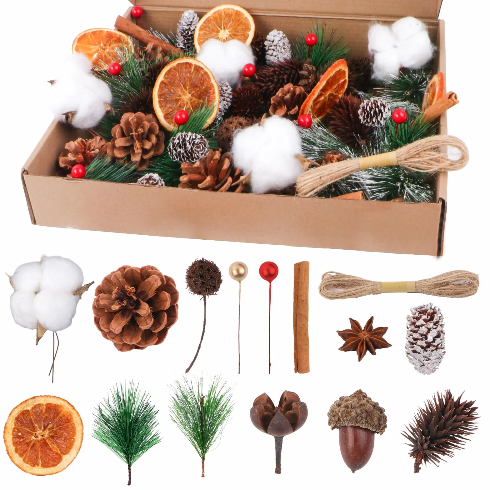 Set de decoración para corona de Navidad de 170 piezas – Accesorios para corona de Adviento con algodón, rodajas de naranja secas, tallos de canela, estrella anisada, nueces, piñas, bayas