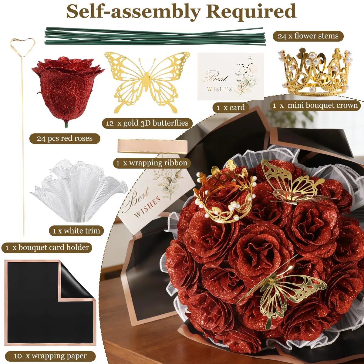 DRAKEWOOD Ramo de Rosas Purpurina Rojas con 24 Piezas Rosas Artificiales Burdeos Mariposa Corona y Tarjetas - Ramo de Flores Brillantes para San Valentín Compromiso Boda Aniversario día de la Madre