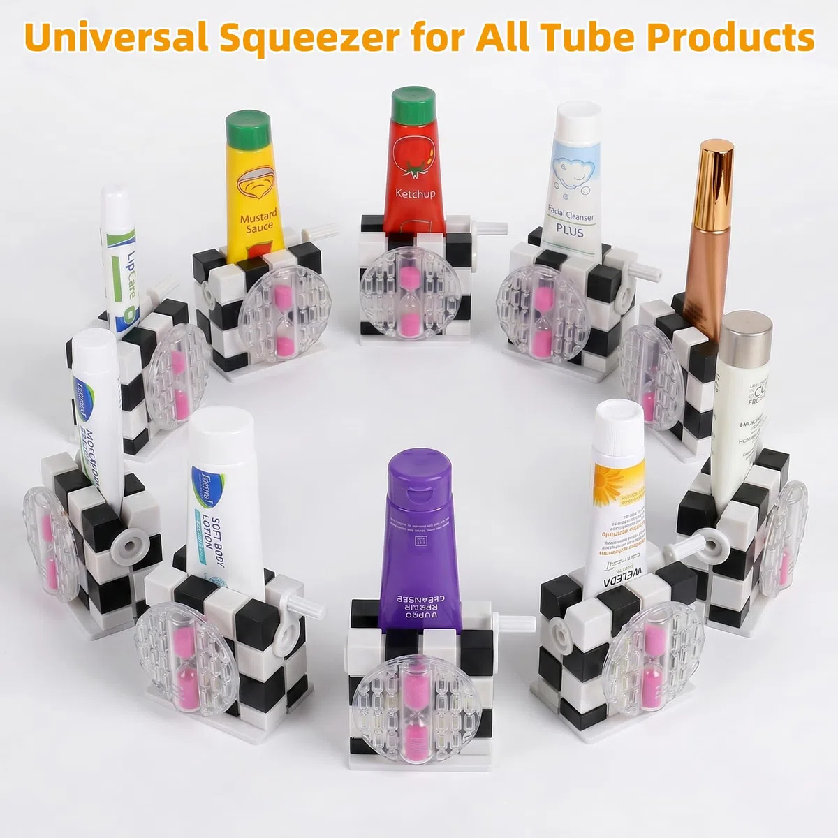 Juego de 2 exprimidores de tubos con reloj de arena de 2 minutos – Exprimidor de pasta de dientes, dispensador, soporte, exprimidor para pasta de dientes, cosméticos y más (A:negro y blanco)