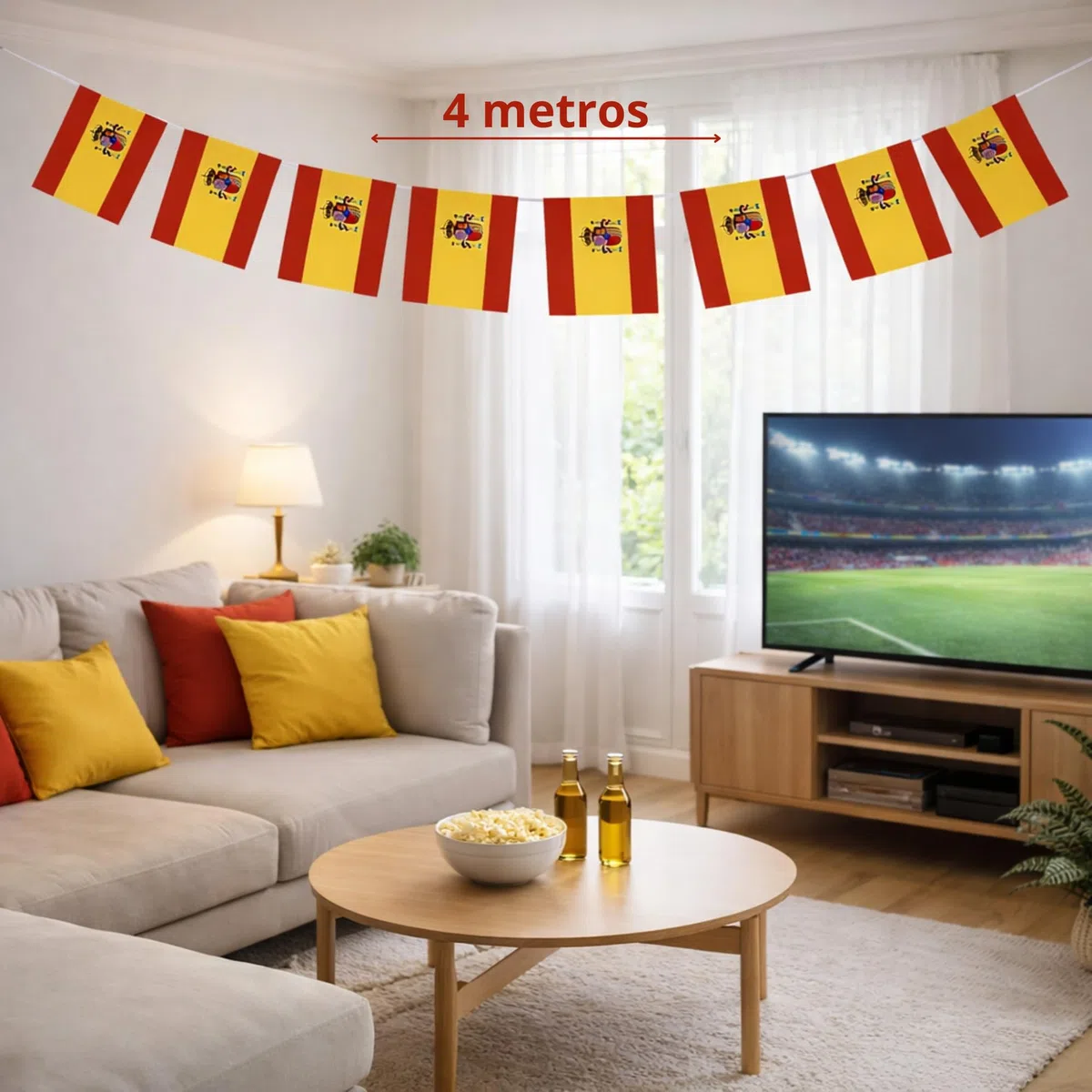 Bandera España 140x90 cm, Guirnalda 4 m, Bandera de Mano y Pintacaras, Accesorios Afición Pack España Completo