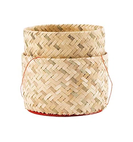 Cesta de bambú con tapa 13 cm para arroz glutinoso sticky rice, servir y mantener caliente, estilo tailandés laosiano, accesorio cocina asiática