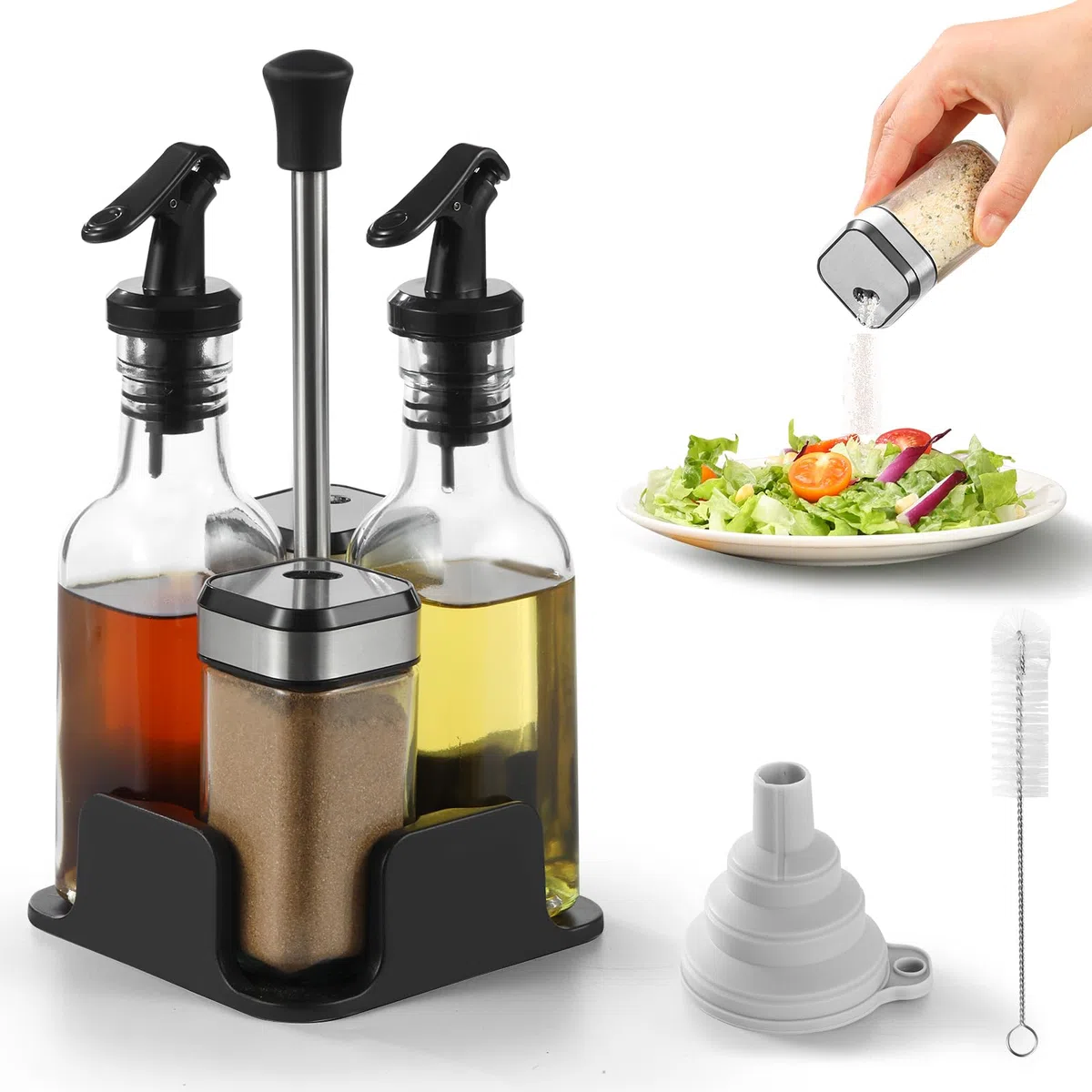 FRIBERG Set De Aceite Y Vinagre, Set De Sal Y Pimienta, Vinagreras Y Aceiteras De Mesa Con Soporte，2 Botellas De Aceitera Y Vinagre De 200 Ml, 2 Tarros De Condimento De 120 Ml Con Tapas