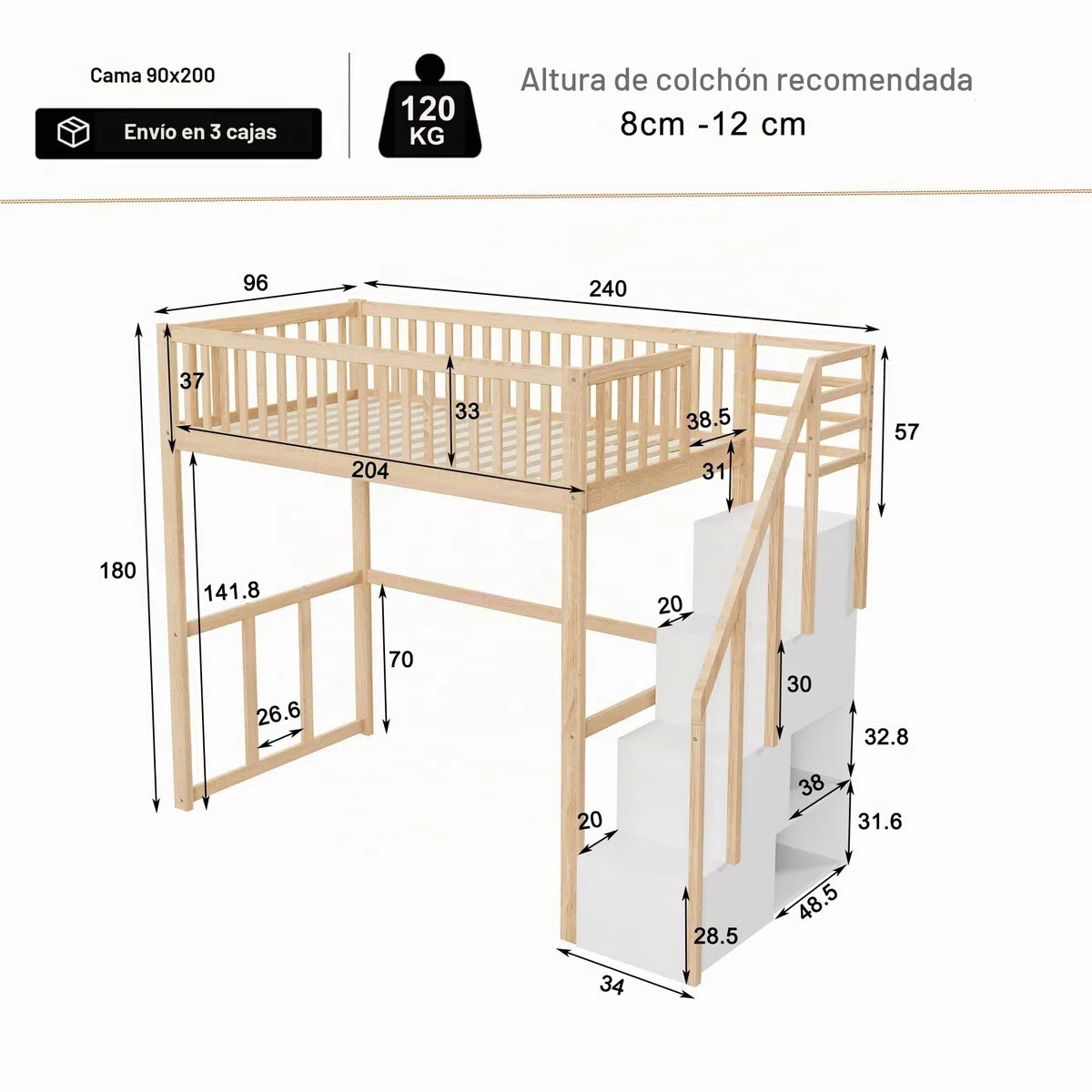 Soweiz Cama alta de 90 x 200 cm con escalera y espacio de almacenamiento, cama de madera con barandilla de seguridad, cama juvenil para niños y jóvenes, litera para dormitorio que ahorra espacio