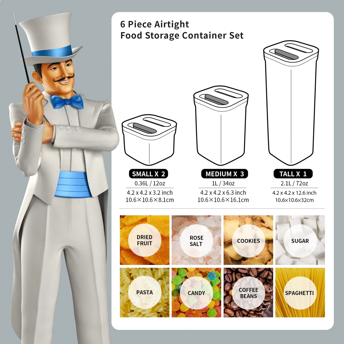 MR.SIGA Juego de 6 recipientes herméticos para almacenamiento de alimentos, sin BPA, recipientes de organización de despensa de cocina | Contenedores de almacenamiento de cocina sin BPA, apilables, con una sola mano para cereales, espaguetis, pasta, color
