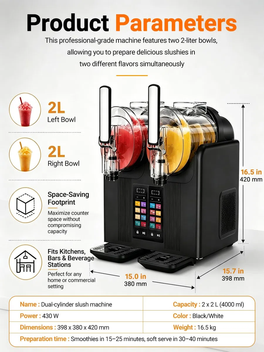 Doble Cabezal Máquina de Granizados y Máquina Soft Serve, 2L Cada Uno White | Dos Depósitos PC de 2L Preparan Dos Sabores; 430 W, Mezcla 360°, Bloqueo Infantil, Autolimpieza y Ventilación por Tres Lados