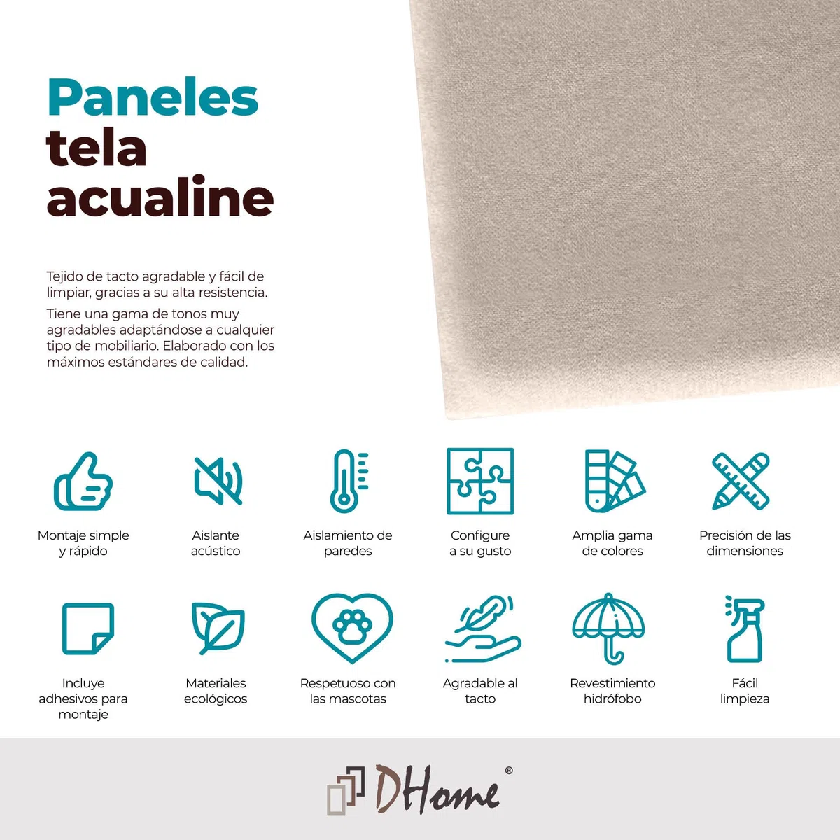 DHOME Paneles Tapizados de Tela Aqualine Autoadhesivos para Pared Acústicos Absorbentes Protección Impactos Cabeceros Decoración Hogar Dormitorio (Beige, 50x40cm)