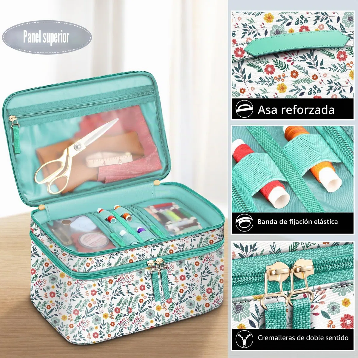 FINPAC Bolsa para Kit de Costura, Doble Capa Organizador de Accesorios de Costura, Costurero Grande para hilo, agujas, tijeras y otras herramientas de costura (Solo Bolsa) (Primavera)