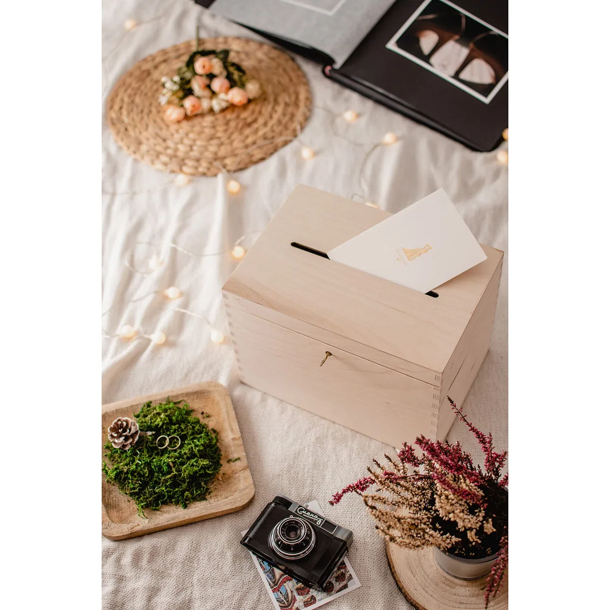 Caja de tarjetas de boda de madera sin terminar, decoración, organización, gran artesanía de madera natural, decoración rústica del hogar, recuerdo, pecho 29 x 25 x 15 cm.